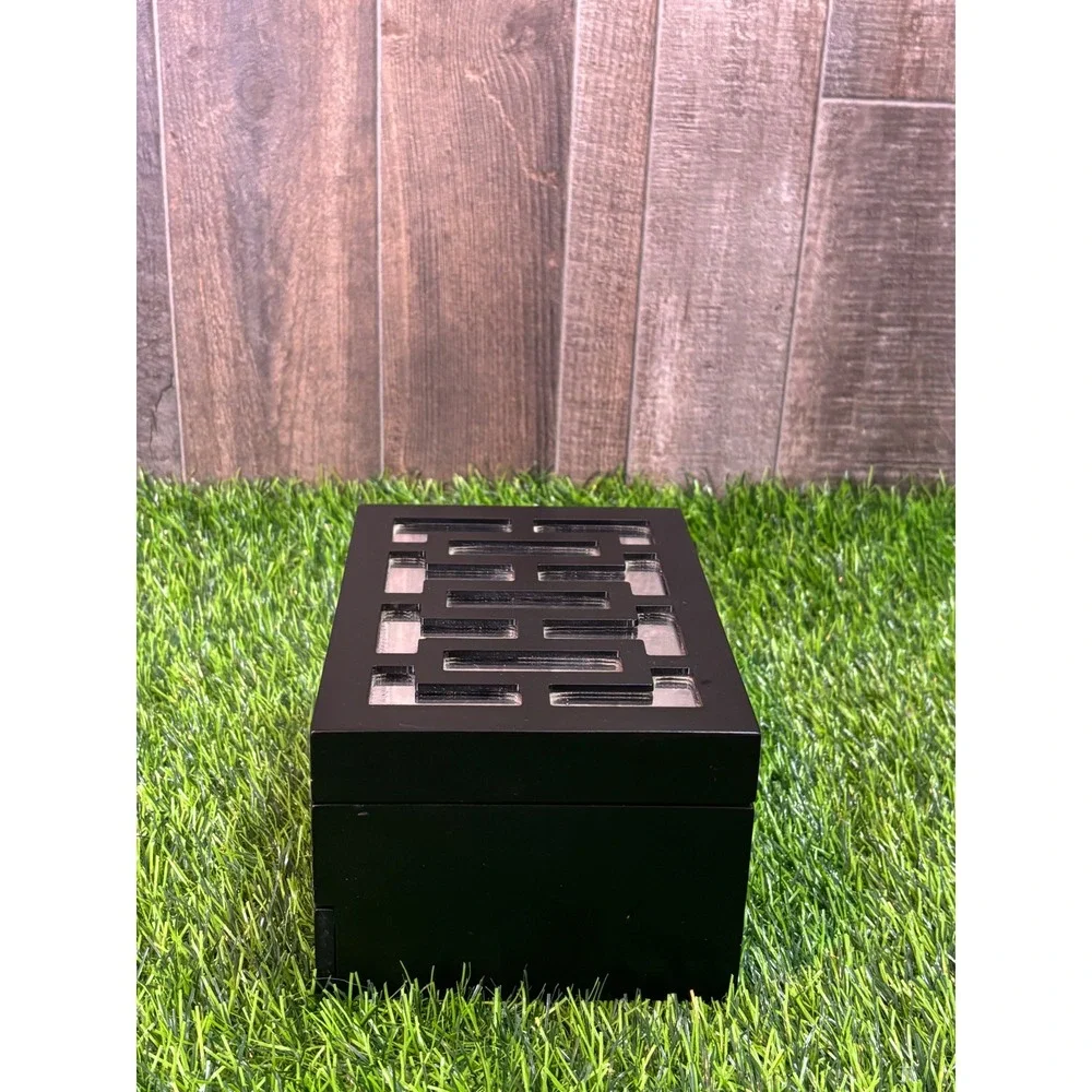Black Wooden Jewelry Box Greek Key Mirrored Inlay 2 Tier Storage Organizer‎